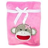 Embroidered "Monkey Pink" Soft Plush Reversible Blanket by SL [並行輸入品]