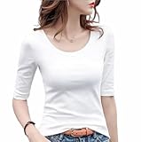 5分袖Tシャツ Tシャツ カットソー Uネック 春秋 夏 ストレッチ レディース トップス 綿 コットン 5分袖 タイト tシャツ 無地 スリム インナー シンプル カジュアル