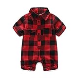 Milkiwai ベビーロンパース チェック柄 帽子付き 長袖 前開き 子供服 カバーオール 純綿 春秋 size 95 (レッド)