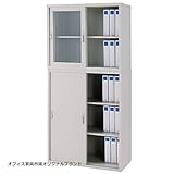 『セット売り』ニューグレー色のA4ファイル対応書庫 上下セット 完成品（オフィス家具市場オリジナル）ICB-NSA4G/ICB-NSA4S 2段積み 上段ガラス引違い書庫・下段スチール引違い書庫・上下書庫・ベースなし（ずれ防止金具なし） オ