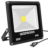 Warmoon Outdoor LED Flood Light, 30W Daylight White 6500K Waterproof Security Lights with 3-Prong US