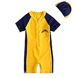 VIVO-BINIYA 正規品 子供水着 女児水着 男児水着 イエロー/ブルー キッズ水着 ラッシュガード 帽子付き水着 スイムキャップ UPF50+素材使用 (9T(130), イエロー)