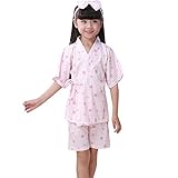 hibote 春夏 パジャマ 甚平 子供服 着物 お祭り 上下セット 女性用 バスローブ 浴衣式 前開き Vネック 花柄 130cm-140cm 半袖 おしゃれ 着物 ナイトウェア いちご L