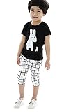 Plus Nao(プラスナオ) 子供用 上下セット キッズ ジュニア 半袖Tシャツ クロップドパンツ 2点セット セットアップ イラスト Tシャツ サルエ ブラック×ホワイト 100