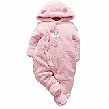 ベビーロンパース クマ 着ぐるみ カバーオール ベビー 防寒着 ボア モコモコ 前開き コスチューム フード付き 新生児 コットン (ピンク, 80)