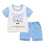 PANCY ベビー服 春夏 半袖 Ｔシャツ パンツ 上下セット 男の子 女の子 かわいい 動物プリント 1歳～5歳(ブルー猫,90cm)
