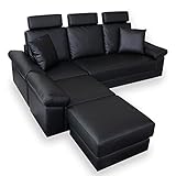 ソファー 3人掛け カウチソファ 【フォルティス ブラック】横幅：200cm ヘッドレスト付き 同色クッション2個付属 ロータイプ可能 (KIC)