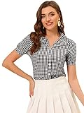 [Allegra K] ブラウス レディース 半袖 コットンブラウス フリル チェック柄 シャツ オフィス パフスリーブ カジュアル トップス 着痩せ おしゃれ 通勤 OL ブラック XS