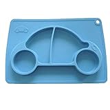 Kuke ブルー　防水シリコン　吸盤付き　強い吸着力　かわいいカー形プレート　遊び食べ 離乳食 ベビー食器　ランチ皿　お食事マット　赤ちゃんミニマット　子供食器ベビー用品