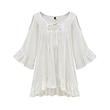 BOBORA レディース ブラウス シャツ 綿麻 シンプル 無地 フレア スリーブ 7分袖 モノトーン フロントリボン さらさら カジュアル 通勤 白 黒