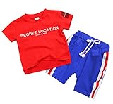 CXYP キッズ服 春 夏 男の子 上下セット 半袖 ハーフパンツ ボーイズ セットアップ カワイイ ゴムウエスト コットン 子供服 カジュアル 80cm～110cm(ブルー＋赤　90cm)