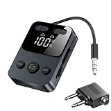 Ewin Bluetooth 5.3 トランスミッター & レシーバー 3.5mm 2台同時接続 17時間再生 受信機+送信機 2-in-1 ブルートゥース ハンズフリー通話 音楽再生 低遅延 LEDディスプレイ ナビ 一体型オーディオケーブル設計 テレビ 車 飛行機 など適用 充電しながら使用可