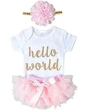 可愛い　新生児　女の子 ヘッドバンド Hello World　プリント　ロンパース ショート パンツ　 三点　セット (12-18月, ピンク)