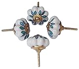 Set of 4 Ceramic Green Leaf White Pumpkin Decorative Antique Door Knobs- Interior Round Knobs and Pu