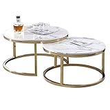 丸い白い大理石のコーヒーテーブル/ネスティングテーブルセットリビングルームエンドテーブルゴールドアイアンフレーム（80cmx42cm / 70cmx37cm）の2