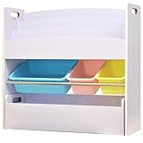 ottostyle.jp 絵本棚付おかたづけ収納ラック エッジクッション付き 【ホワイト×パステルカラーボックス】 幅86.5cm ワゴン付き おもちゃ箱 おもちゃ収納 トイラック トイボックス マガ