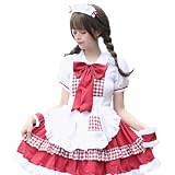 メイド服 赤 半袖 豪華6点セット ロリータ コスプレ 可愛い 大人用 ワンピース メイド lolita (L)