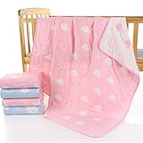 6重ガーゼ ベビーケット 湯上りタオル ひざ掛け 通気性　保温性　優しい肌触り キッズ用ブランケット 毛布 110×110cm (雲柄, ピンク)