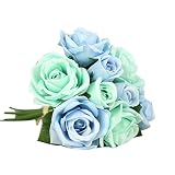9頭人工リーフローズフローラル花、Funicシルクフェイク花ウェディングフローラルDecor Bouquet Decor M ブルー