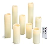 Set of 8 Slim Flameless Smooth Wax Candles with Bright Warm White LEDs, Remote Included Featuring Di