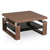 テーブル ローテーブル リビングテーブル 木製 ガラス オープン収納 正方形 幅75cm ウォルナット