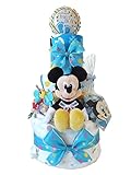 おむつケーキ ディズニー ミッキーマウス あったか新生児肌着＆ベビーアイテム豪華７点付き 3段 男の子用 (パンパースS)