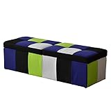 (DORIS) 収納スツール ベンチソファ 【ツインベンチ パッチワーク ブルー】 オットマン ファブリック 横幅：119cm 奥行き：41cm (KIC)