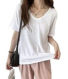 BeiBang(バイバン)レディース Vネック tシャツ 半袖 無地 シンプル ゆったり Tシャツ ゆったり カットソー(20白)