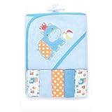 Hippo and Crab Hooded Towel and Washcloth Set, 6 Piece, Blue by Cutie Pie Baby