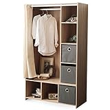 LOWYA （ロウヤ） 収納 ハンガーラック ワードローブ 目隠しカーテン 可動棚 収納ボックス リアル木目調 転倒防止金具 幅105cm 高さ180cm おしゃれ 新生活