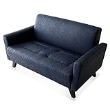 ソファ ソファー レザー風 ファブリック 天然木脚 肘置き付き コンパクト 二人掛け ネイビー