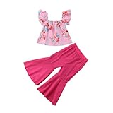 ロングパンツ 半袖Tシャツトップ 女の子 子供用 花柄 フライングスリーブ ストラップレスショルダー 一言襟 カジュアルトップ ローズレッド フレアパンツ 2点セット 夏 秋 子供服 90 100 1