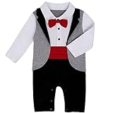(フィーショー)FEESHOW 男の子フォーマルスーツ 蝶ネクタイ付き ベビーロンパース 長袖 ベビー服 カバーオール 新生児 記念撮影 出産祝い お食い初め ブラック＆レッド 80