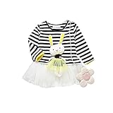 子供服 女の子ワンピース ベビー服 Pojour 可愛いストライプスカート 長袖ウサギドレス オシャレ 秋 綿 通園 発表会 旅行 記念日 プレゼント