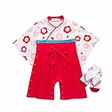 AMIGOYO ベビー服 キッズ 着物 和装 女の子 男の子 袴風 カバーオール ロンパース フォーマル 花柄 盆踊り 花火大会 足袋風ソックス付き