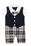 C-Princess ベビー服 半袖 カバーオール ロンパース スーツ ベスト付き チェック柄 フォーマル 子ども 男の子 ボーイズ 出産祝い 結婚式 (90cm, Hネイビー)