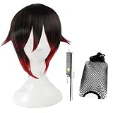 コスプレウィッグ RWBY ルビー・ローズ 耐熱 かつら cosplay wig イベント ハロウィン 仮装 専用ネットと櫛付 ブラックミックスレッド