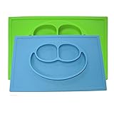 Kuke 二つ（ブルー+グーリン） 防水シリコン　吸盤付き　強い吸着力　かわいいカー形プレート　遊び食べ 離乳食 ベビー食器　ランチ皿　お食事マット　赤ちゃんミニマット　子供食器　ベビー用品