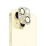 AnnTec iPhone 15 / iPhone 15 Plus 用 カメラフィルム レンズカバー カメラ保護 ラインストーン【アルミ合金縁取り+強化ガラス】 iPhone 15 / iPhone 15 Plus 対応 レンズ全体保護 露出オーバー防止 キラキラ レンズ保護フィルム 携帯電話の装飾 貼り付け簡単 高透過率 【ゴールド】