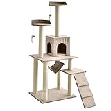 タンスのゲン キャットタワー 150cm 支柱4本 据え置き ハンモック 爪研ぎ 麻紐 紐付き ファブリック ベージュ 40900001 BE