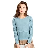 「Bidear」授乳服 授乳口付き 長袖 年中使える マタニティ ウエア 大人かわいい カジュアル 美シルエット 授乳 トップス 産前産後 (ブルー, L)