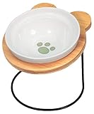 PetStyle えさ皿 猫 犬 皿 餌入れ フードボウル ペット 猫用 犬用 ご飯皿 お皿 水飲み 食器台 食べやすい 傾斜 陶器 アイアンバンブースタンド 小型犬 成猫 (シングル/肉球柄)