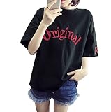 【Smile LaLa】 レディース おしゃれ ロゴ 英字 入り ゆったり オーバー シンプル ビッグ Tシャツ 半袖 (ブラック, L)