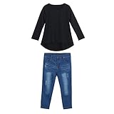 Ochine 子供服 ガールズ 黒長袖Tシャツ＋長ジーンズ スリム 女の子 上下2点 長袖トップス 長ズボン 春秋着 可愛い 普段着 90-130cm