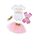 三番目の店　4PCS　赤ちゃんの女の子の誕生日パーティーの服 かわいいロンパー+スカート+ヘッドバンド+レギンス　セット プリンセスドレス (1, ピンク)