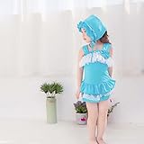 子供 女の子　連体　水着+帽子　2点セット　水着セット　連体 キッズ 水着 レース　リボン　可愛い　フリル　スイムウェア　S/M/L/XL/2XL (L, ブルー)