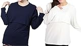 (エカイズ) EKA*is... 授乳服 長袖 2枚組 Tシャツ トップス インナー マタニティ 妊婦服 無地 w034 (L, ネイビー×ホワイト)