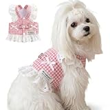 MIKEART 犬服 ドッグウェア ハーネス フリル 小型犬 中型犬 抜けない ペット 春 夏 おしゃれ かわいい 胴輪 軽量 猫 ワンピース 散歩 簡単着脱 (レッド, M)