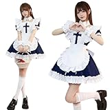 [AOTYP] メイド服 コスプレ 萌え コンカフェ メイド 定番 ショート丈 可愛い レース クロス メイドコスチューム 6点セット ワンピース レディース メンズ 大きいサイズ 仮装 ハロウィン 女装 ネイビー5XL