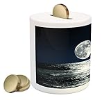 Moon Piggy Bank by Ambesonne、Big Moon and its reflection on the Sea Open Sky Ethereal図面スタイル、プリントセラミッ